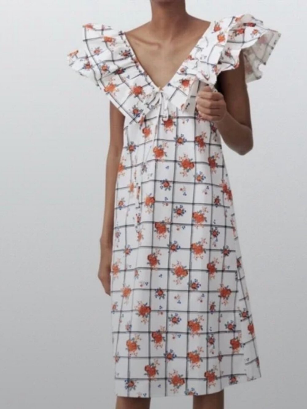 Zara Floral Lattice Ruffle Sleeve Dress NWOT